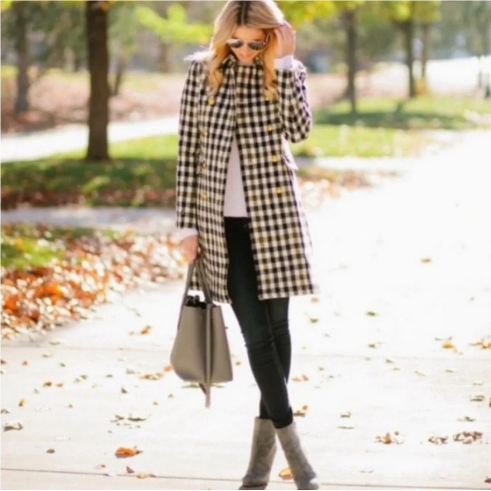 J.Crew Double Breasted Coat in Cypress Black Ivory Oxford Check Plaid Size 2 - Picture 4 of 16